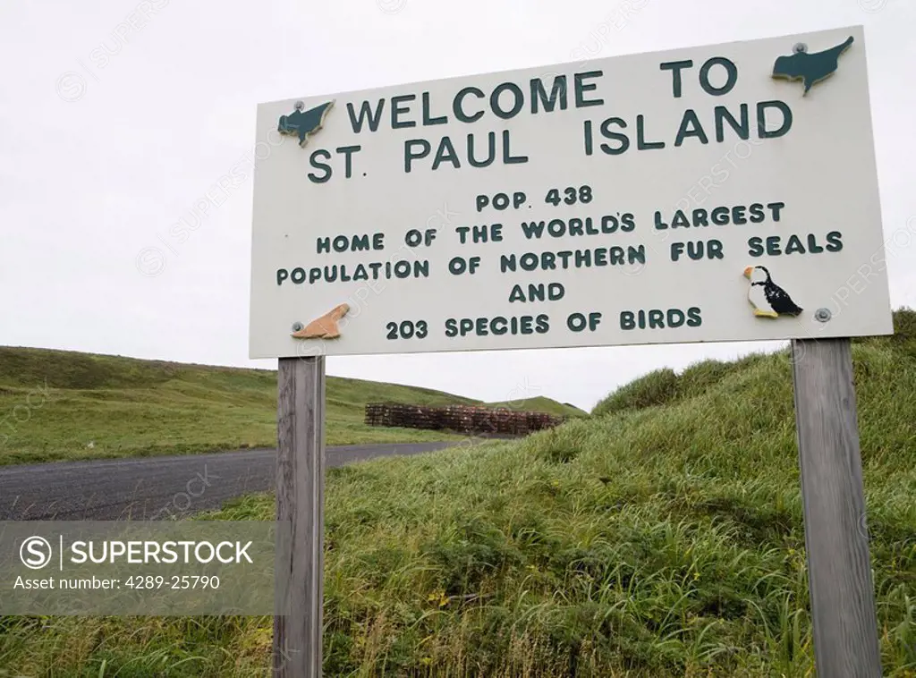 Sign welcoming visitors to St. Paul Island, Southwest Alaska, Summer
