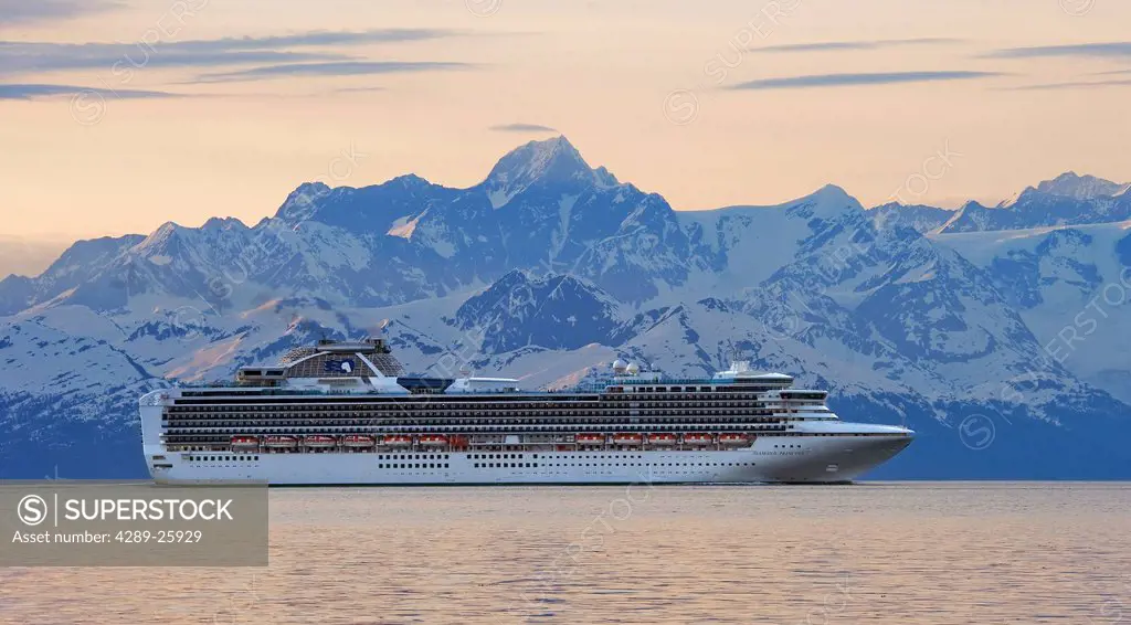 View of the Princess Cruise ship Diamond Princess at sunset in Prince William Sound, Southcentral Alaska, Summer