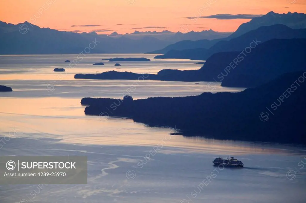 Sunset with Cruise ship heading north in Stephens Passage west of Juneau Southeast Alaska