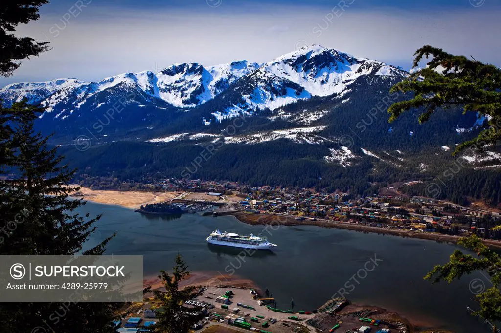 View from Mount Roberts of a Royal Caribbean cruise ship in Gastineau Channel, Juneau, Southeast Alaska, Summer