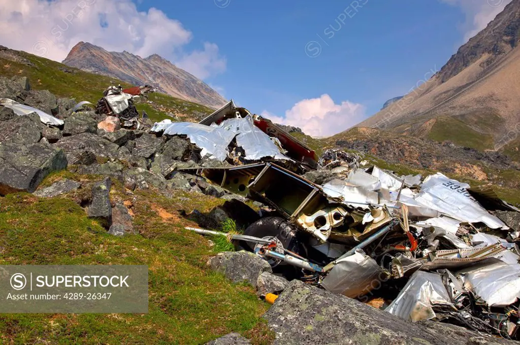 Plane crash and wreckage at Merrill Pass during Summer in Alaska, HDR image