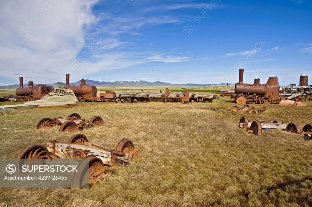 View of the The Last Train to Nowhere in ghost town of Solomon Alaska, about 35 miles from the town of Nome, Arctic Alaska, Summer