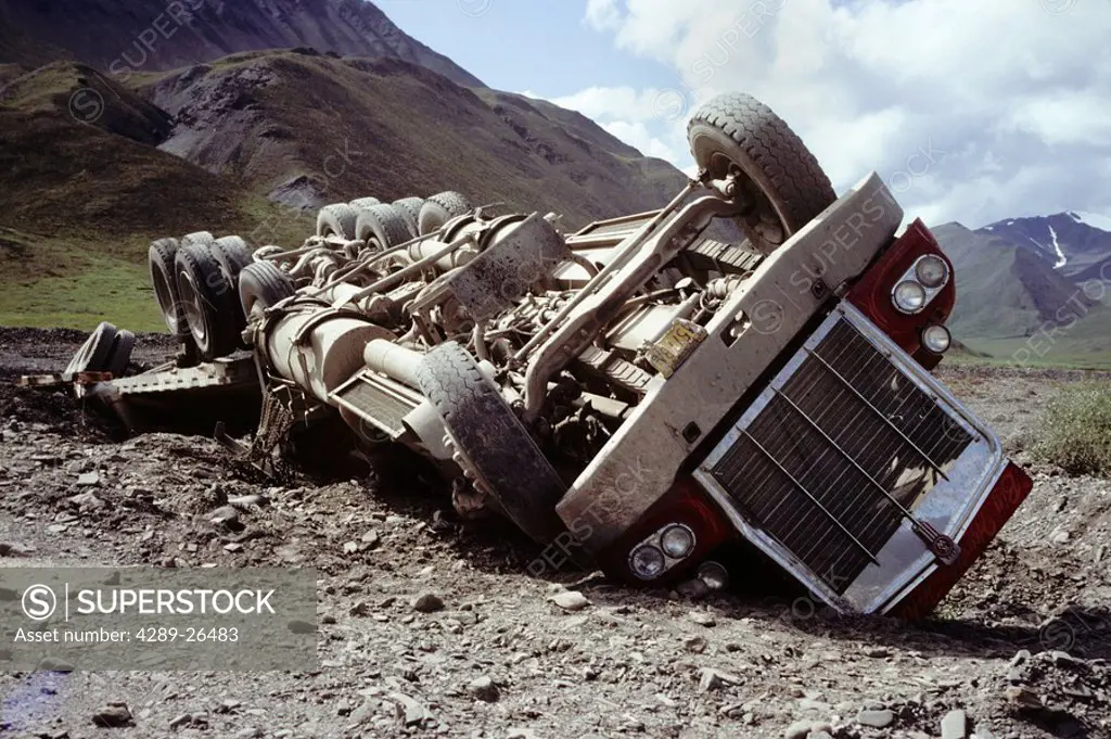 Semi truck from post pipeline construction, wrecked off the side of the Haul Road Dalton Highway, Alaska