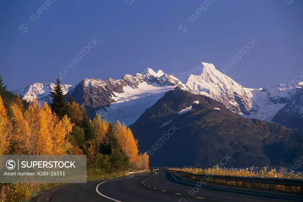 Vehicles Traveling Seward Hwy in Autumn SC Alaska Turnagain Arm