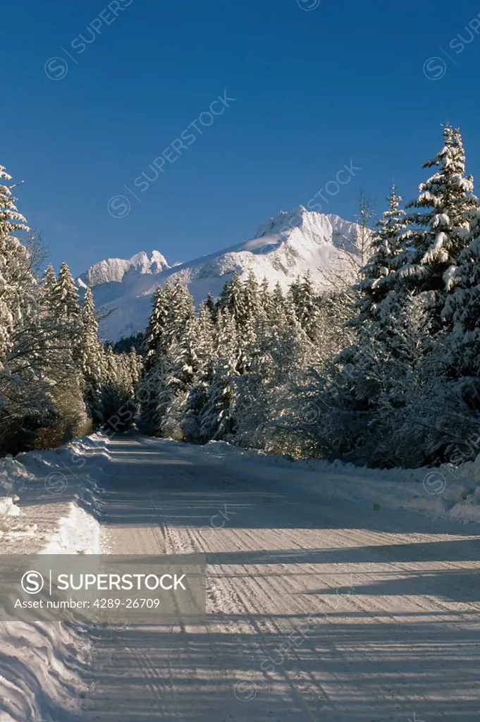 Snowy Road Coastal Mtns Juneau Southeast Alaska winter scenic