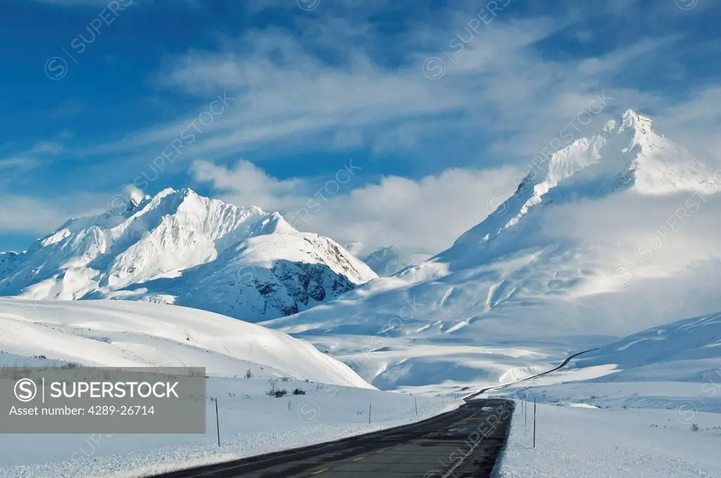 View of the Haines Highway, or Haines Cut_Off, at the base of the Alsek Range in Tatshenshini_Alsek Wilderness Provincial Park, British Columbia, Cana...