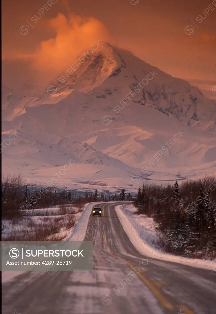 Car on Richardson Hwy Mt Hayes Delta Junction SC AK winter scenic