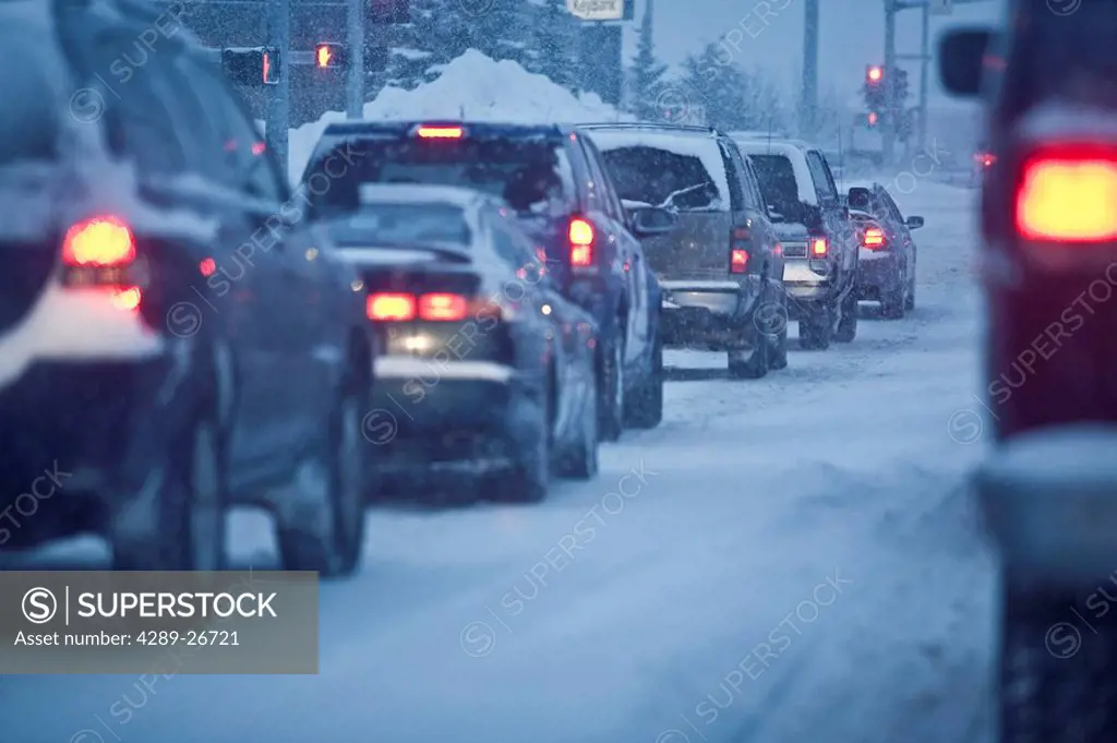 Congested traffic in a snow storm in downtown Anchorage, Alaska