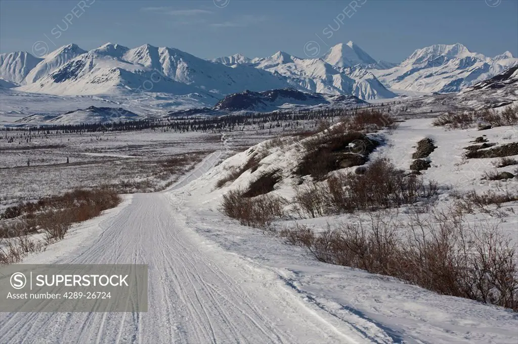 Scenic view of Denali Highway during winter, Interior Alaska