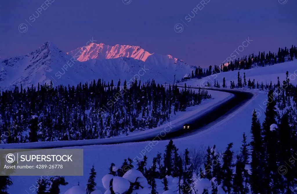 Glenn Highway in Winter at Sunrise Near Gunsight Mt