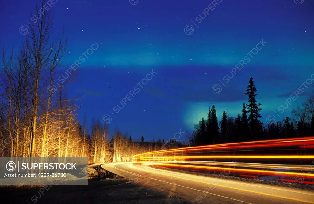 Aurora & Streaked Tail Lights Parks Hwy Alaska