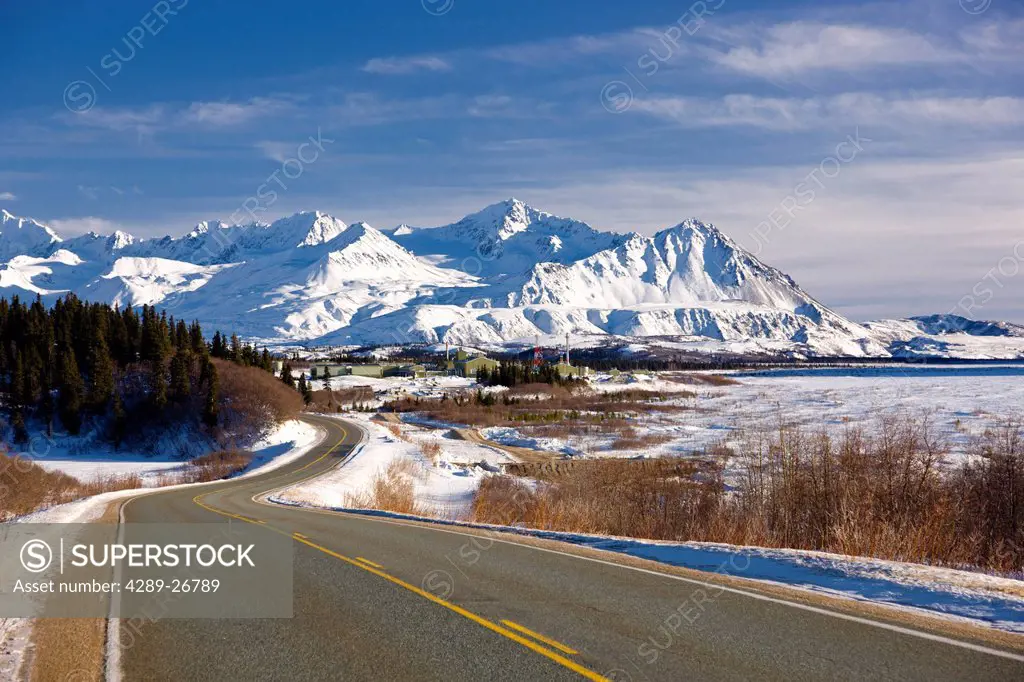 Daytime view of the Richardson Highway along the Delta River just before heading into the Alaska Range, Interior Alaska, Winter