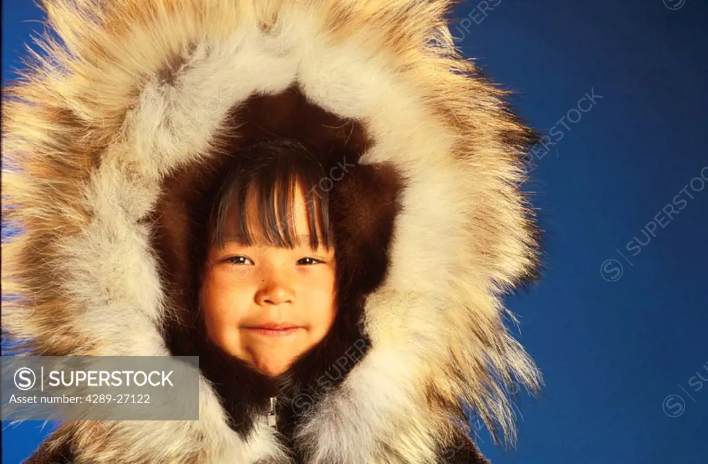 Eskimo Girls in seal fur parka studio portrait