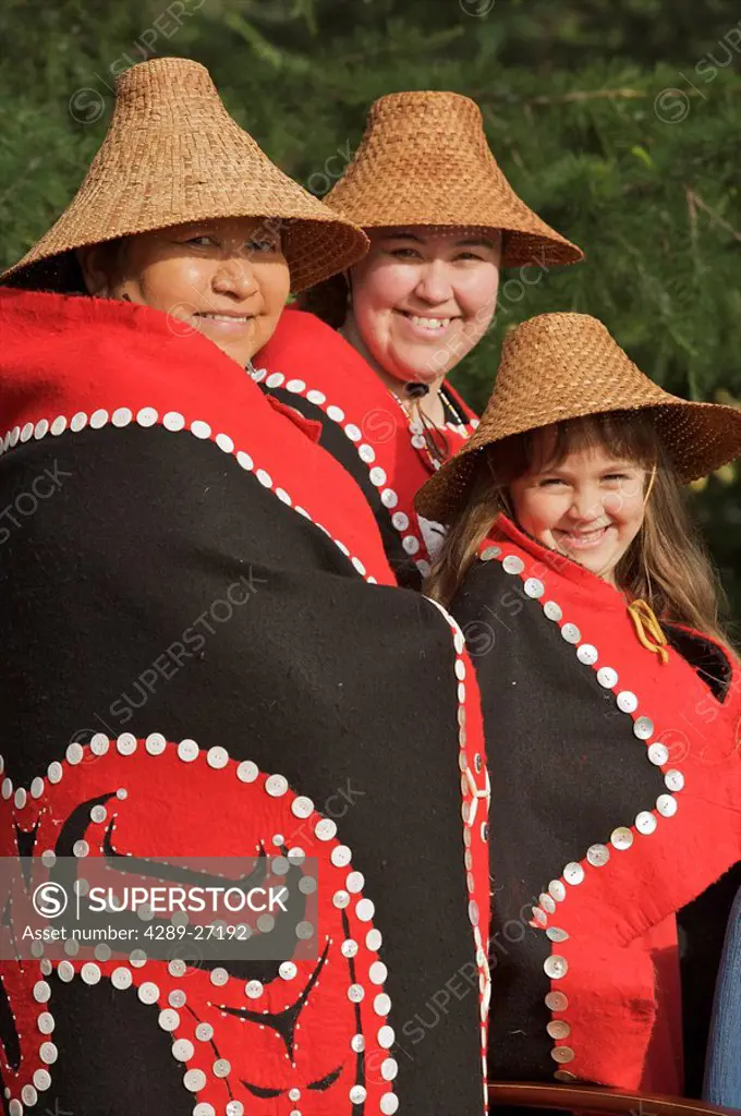Portrait of Tlingit women wearing a traditional Chilkat button blanket, Alaska