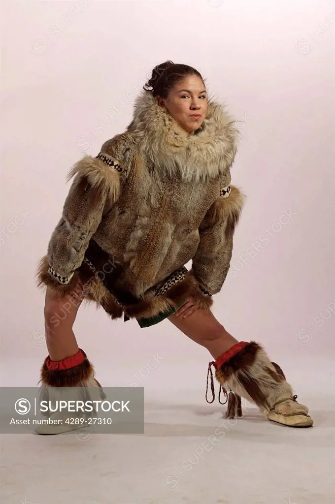 Native Alaskan Inupiat Woman in Wolf Fur Coat in Studio Alaska