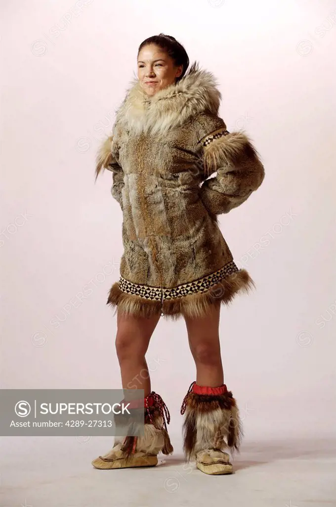 Native Alaskan Inupiat Woman in Wolf Fur Coat in Studio Alaska