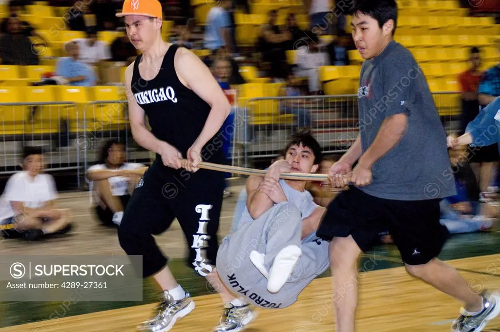 Boy´s doing Wrist Carry 2006 Senior Native Youth Olympic Games Alaska Anchorage Sullivan Arena