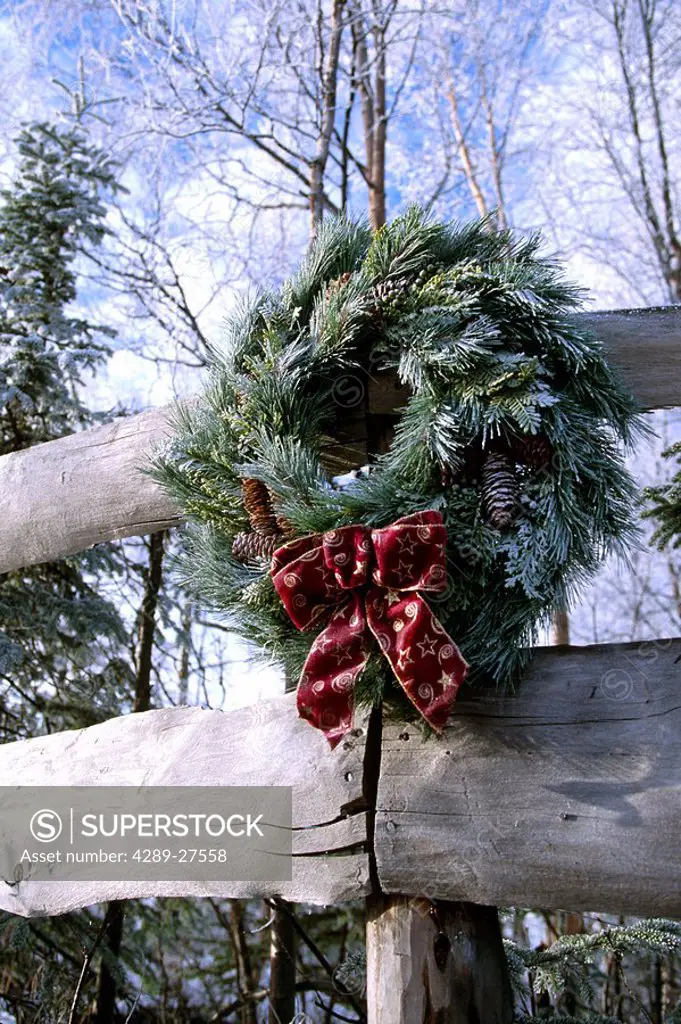 Frosted Pine Wreath on Wooden Fence Winter Alaska