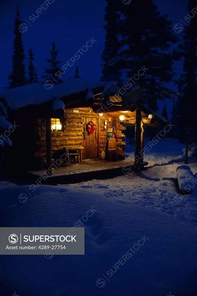 Interior Alaska Log Cabin Forest Winter Porch Light Snow Sky Dusk