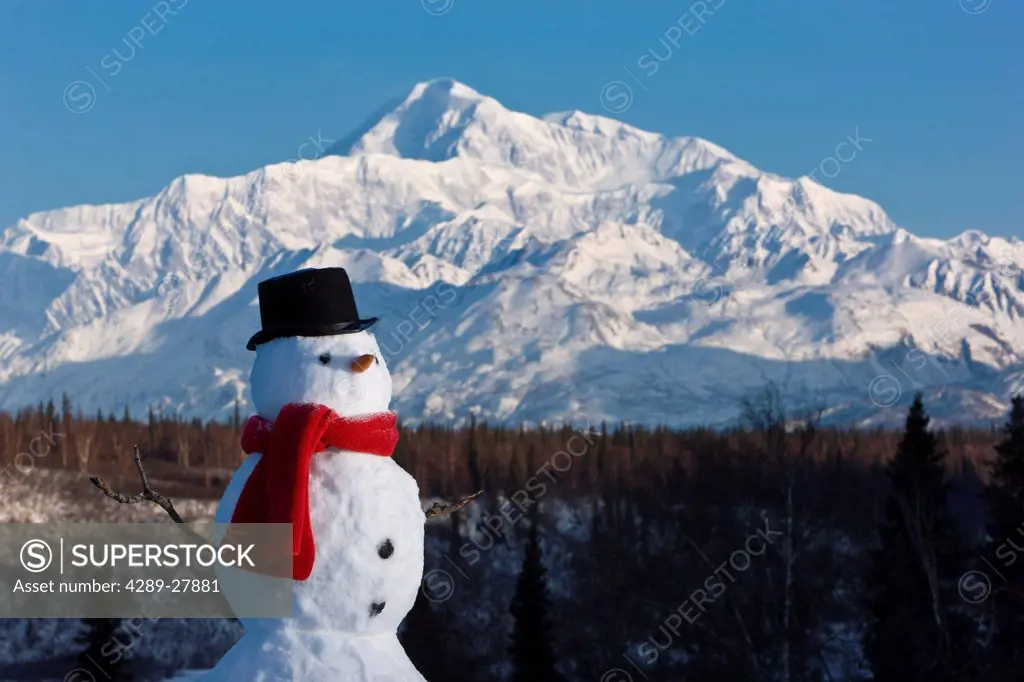 Snowman red scarf and black top hat sitting on a hillside with Mount McKinley in the background, Denali State Park, Southcentral Alaska, Winter