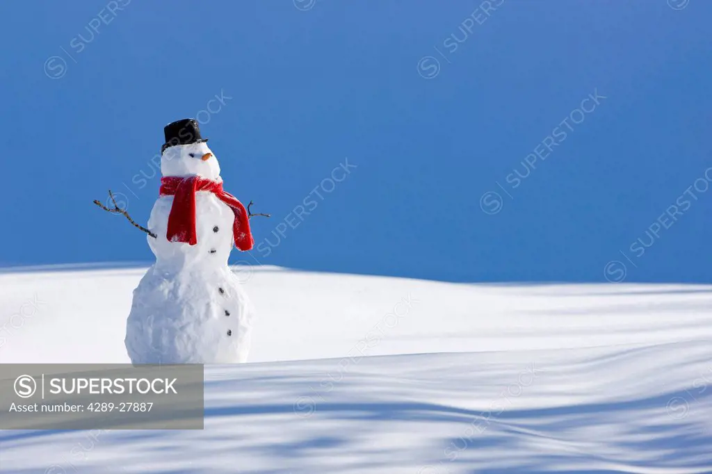 Snowman with a red scarf and black top hat sitting next to a snow covered river bed, Southcentral Alaska, Winter