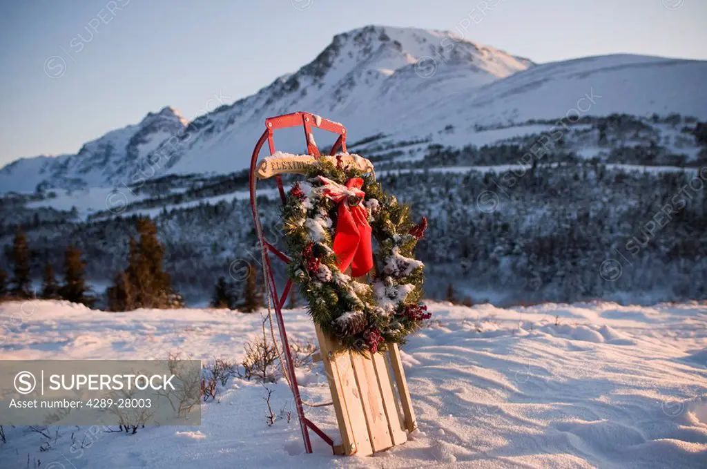 Christmas wreath hangs on a Flexible Flyer sled propped in a snowbank in Chugach State Park, Alaska