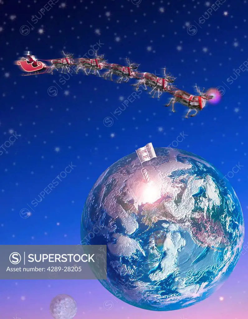 Santa & Reindeer in sky over North Pole Digital Composite
