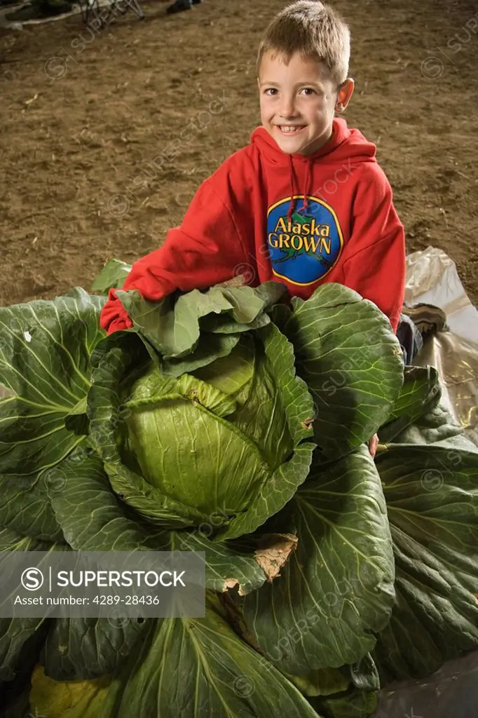 Young boy poses with his 69 pound cabbage at the Alaska State Fair, Palmer, Alaska