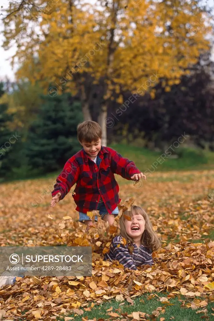 Children Playing in Fallen Leaves Anchorage AK Autumn