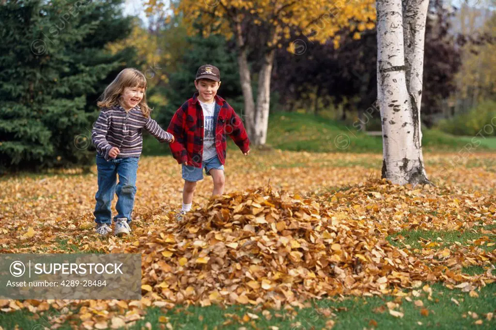 Children Playing in Fallen Leaves Anchorage AK Autumn
