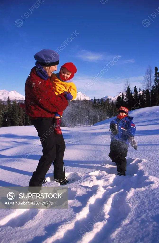 Mother & Children Playing in Snow Russian Jack Park SC AK Winter