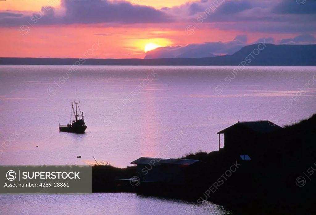 Sunset Salmon Seiner Fishing Boat Olga Bay Kodiak SW AK summer scenic silhouette