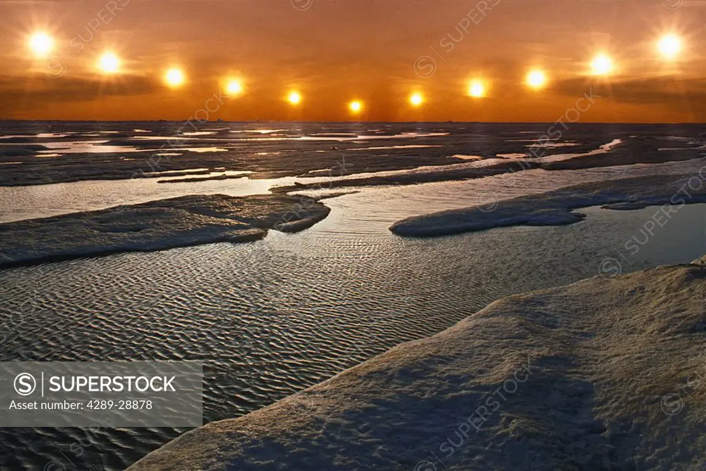 Midnight Sun Multiple Exposure Arctic Alaska /nIce Floating Summer Sunset Composite