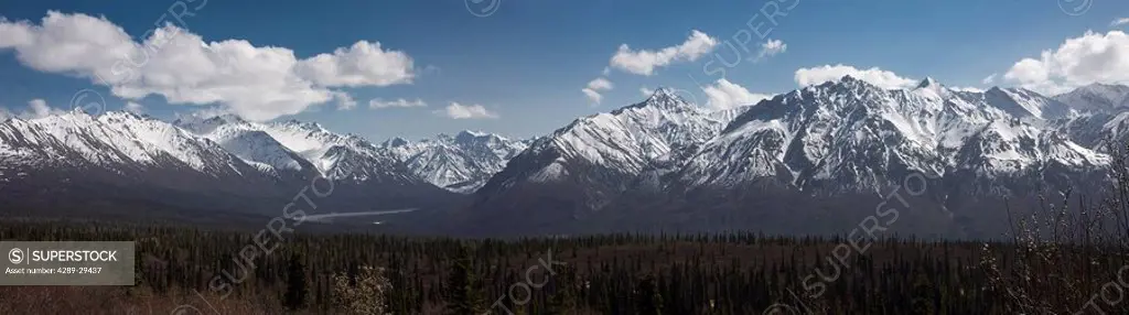 Scenic panorama of a glacier valley in the Sheep Mountain area with Chugach Mountains, Southcentral, Alaska