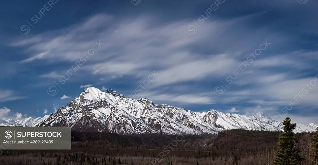 Scenic panorama Chugach Mountains above Matanuska River, Southcentral, Alaska