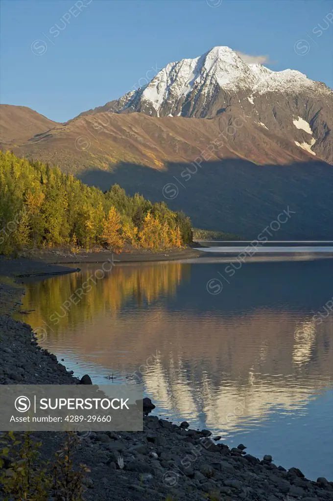Scenic view of Eklutna Lake with snowcapped Chugach Mountains in the background, Southcentral Alaska