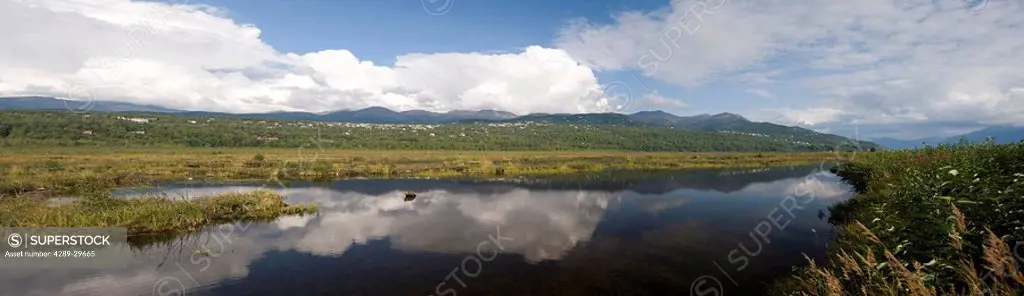 Panoramic scenic of Potter Marsh near Anchorage in Southcentral Alaska during Summer