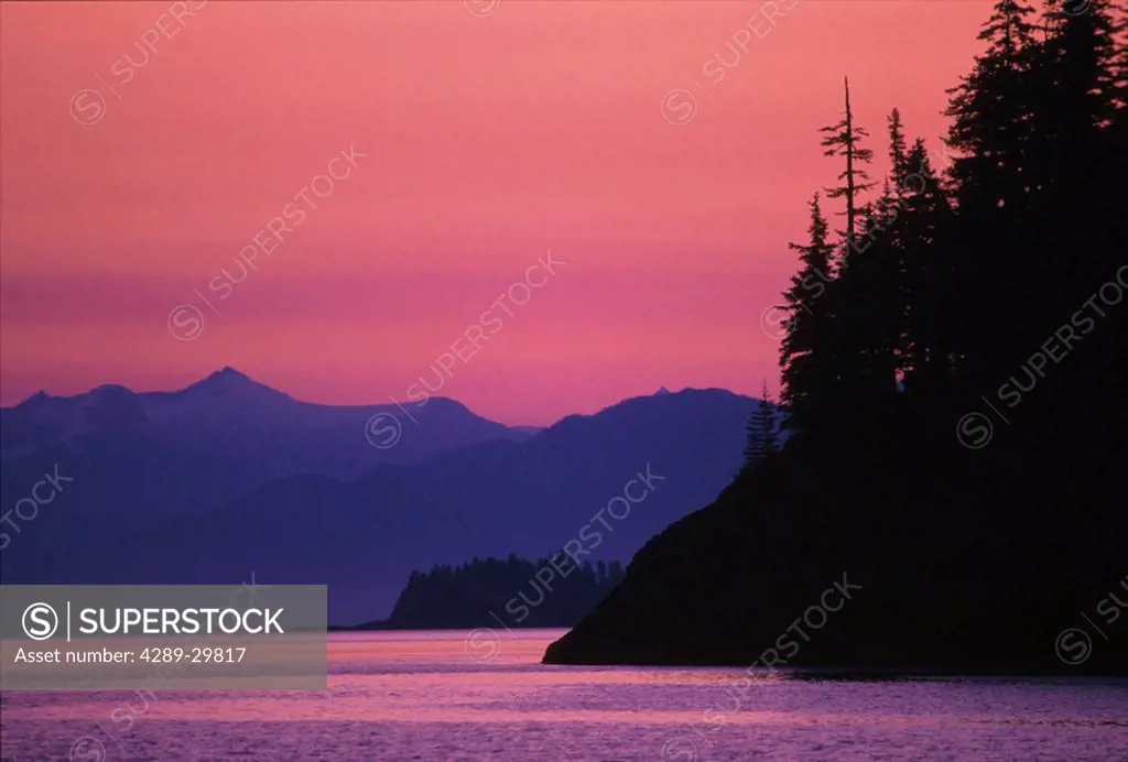 Predawn Light Inside Passage Fredrick Sound Shoreline Southeast Alaska Summer Trees