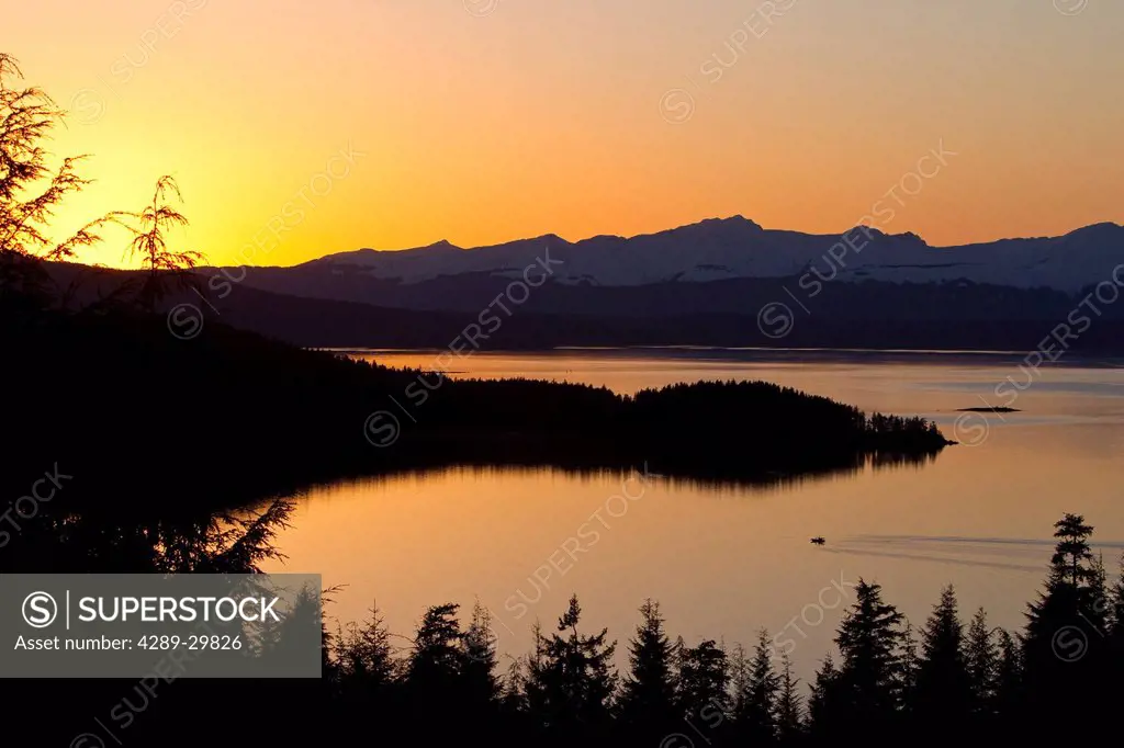 Sunset scenic of the entrance to Auke Bay near Juneau, Inside Passage, Southeast Alaska, Winter
