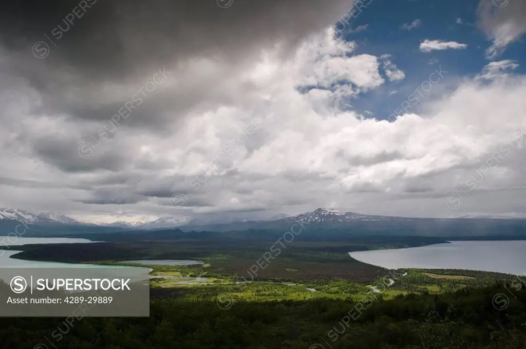 Scenic view of clouds over Naknek Lake, Brooks Camp and Brooks Falls as seen from Mt. Dumpling in Katmai National Park, Alaska