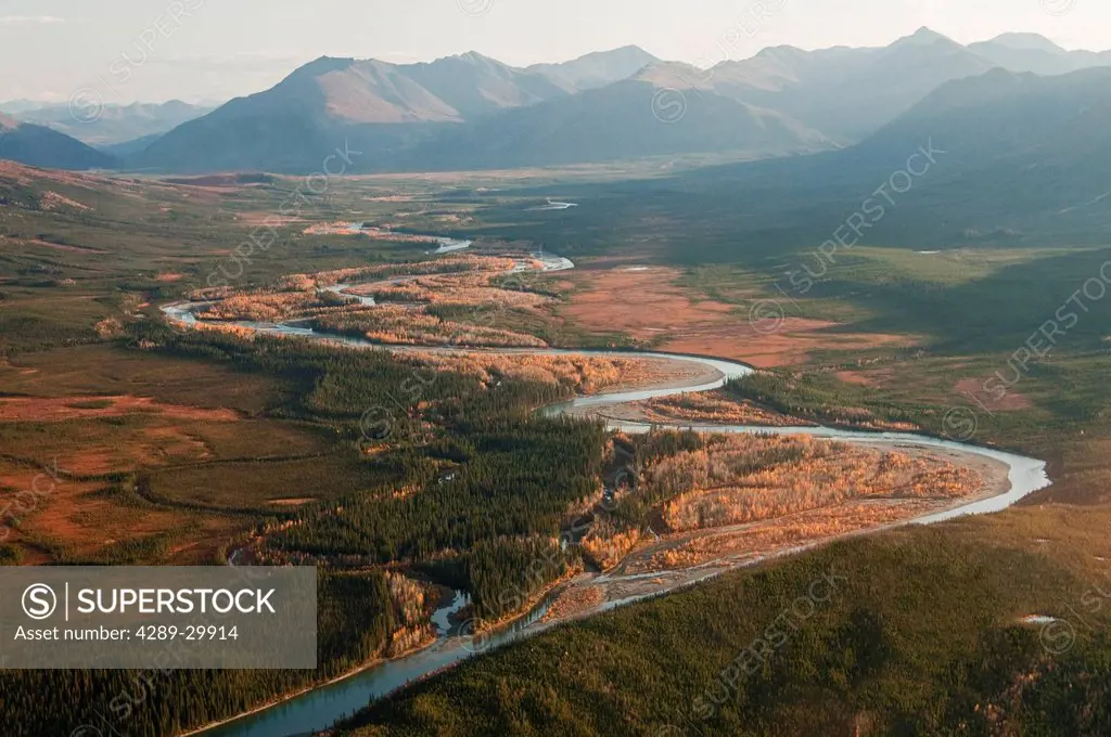 Aerial view of the North Fork of the Koyukuk River winding through Endicott Mountains and the Brooks Range in Gates of the Arctic National Park & Pres...