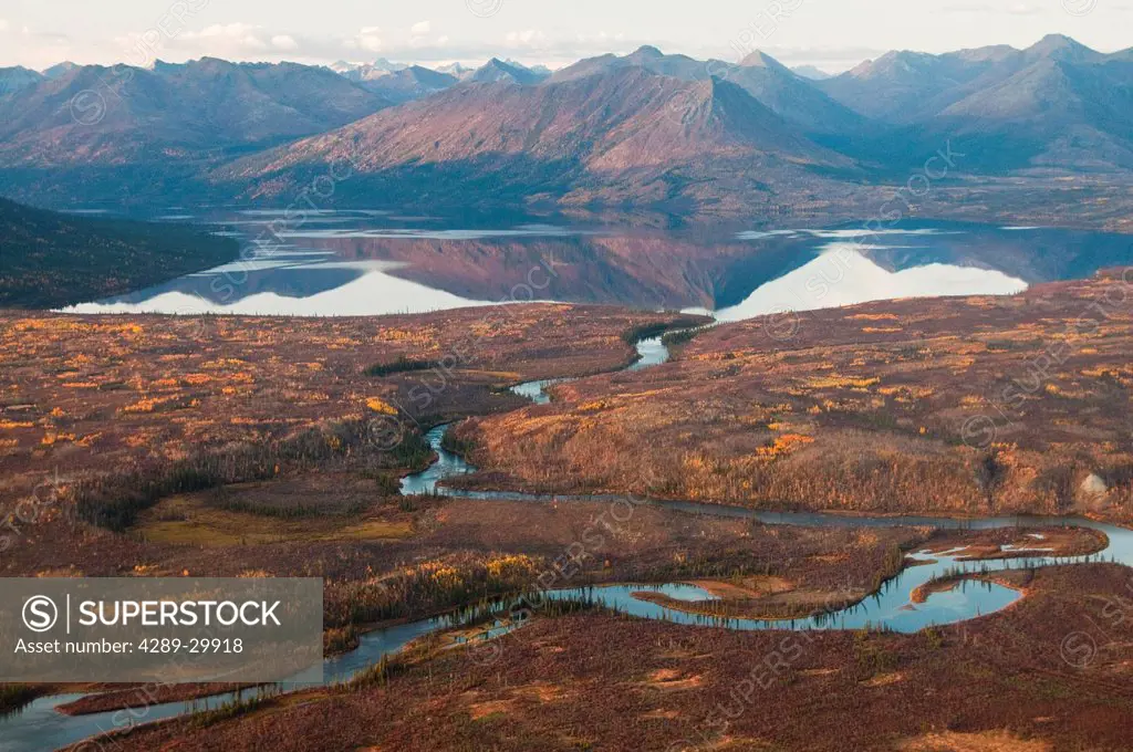 Aerial view of evening light refelecting in Walker Lake and Kobuk River in Gates of the Arctic National Park & Preserve, Arctic Alaska, Fall