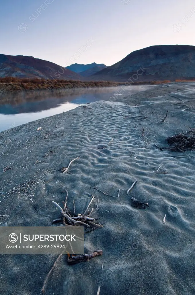 Low angle view of a sandy gravel bar along the Noatak River in Gates of the Arctic National Park & Preserve, Arctic Alaska, Fall