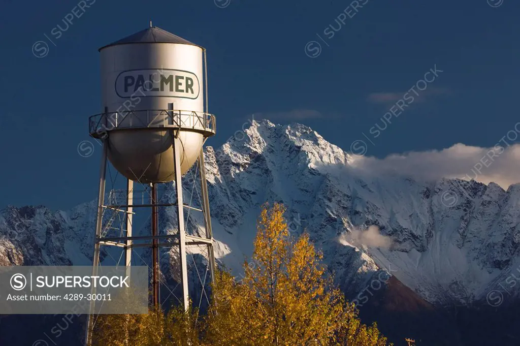 COMPOSITE Palmer water tower with Pioneer Peak in the background during Fall in Southcentral Alaska