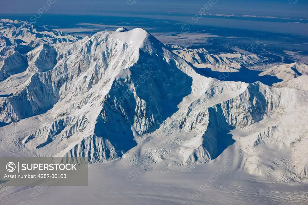 Aerial view of Summit of Mount Foraker and the Alaska Range as seen from the west during Winter, Interior Alaska