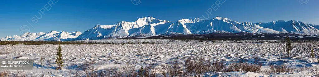 Panoramic landscape along Broad Pass on a sunny day, Southcentral Alaska, Winter