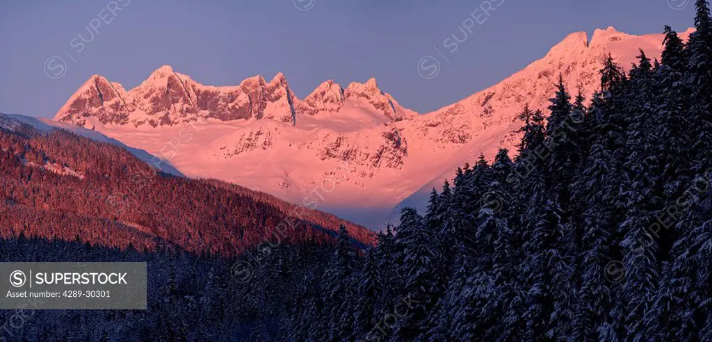 Alpenglow on the Mendenhall Towers and Glacier as the sun sets, Juneau, Alaska, Tongass National Forest