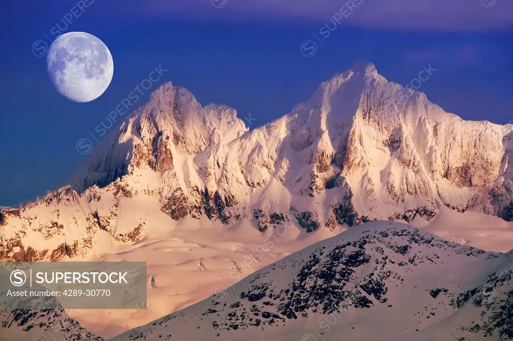 Moonrise @ dawn over Mendenhall Towers Coast Mountains Tongass National Forest SE Alaska Composite