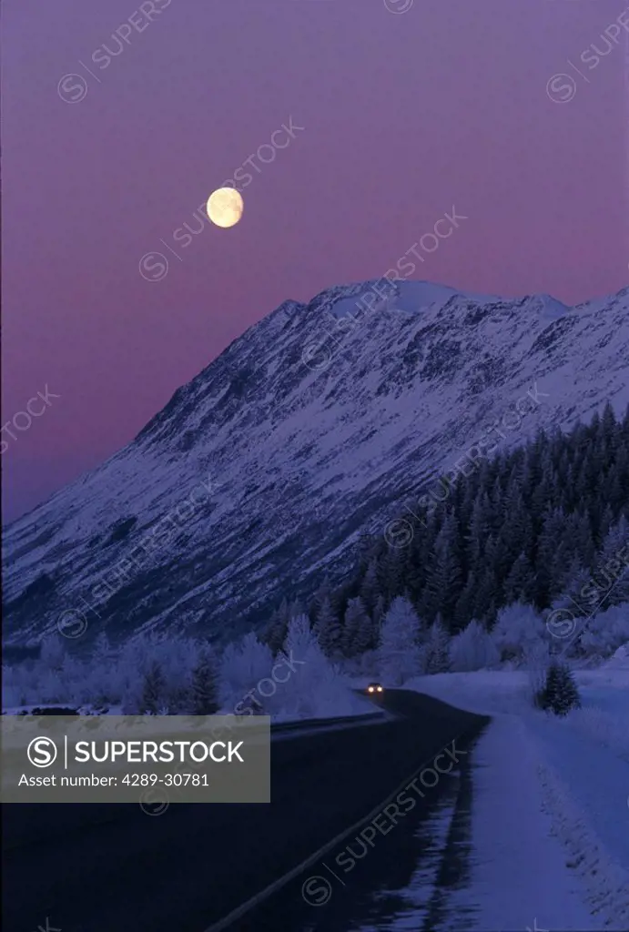 Moonrise Seward Hwy Chugach Mts Twilight Winter SC AK
