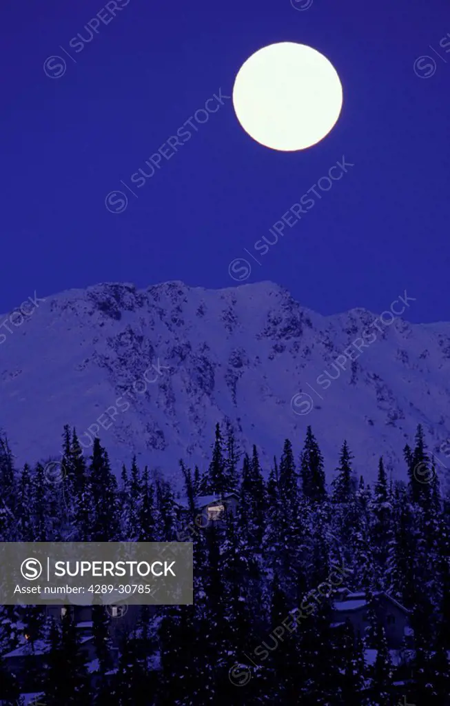 Full Moonrise Over Chugach Mountains Near Anchorage AK/nWinter